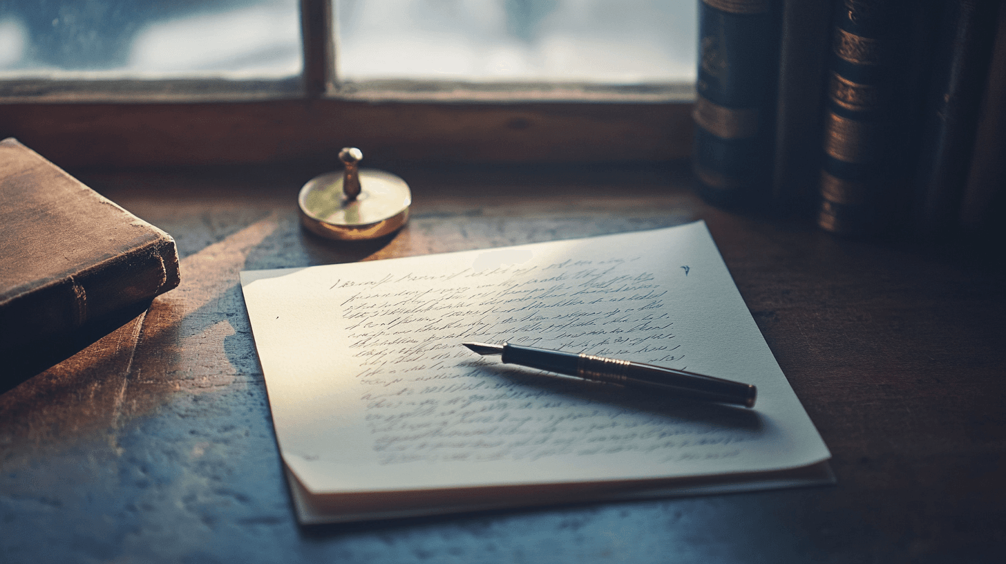 A simple letter on warm paper beside a dark pen and brass paperweight.