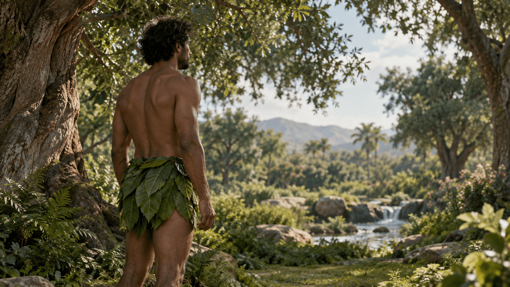 Adam, wearing a garment of overlapping green leaves, stands beside a tree and looks across a garden clearing.