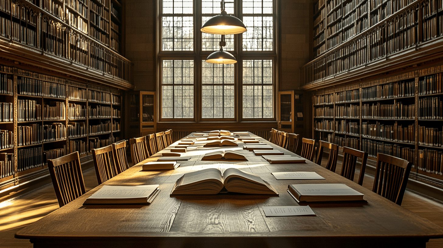 A quiet library reading room with books and notes arranged across a long table.