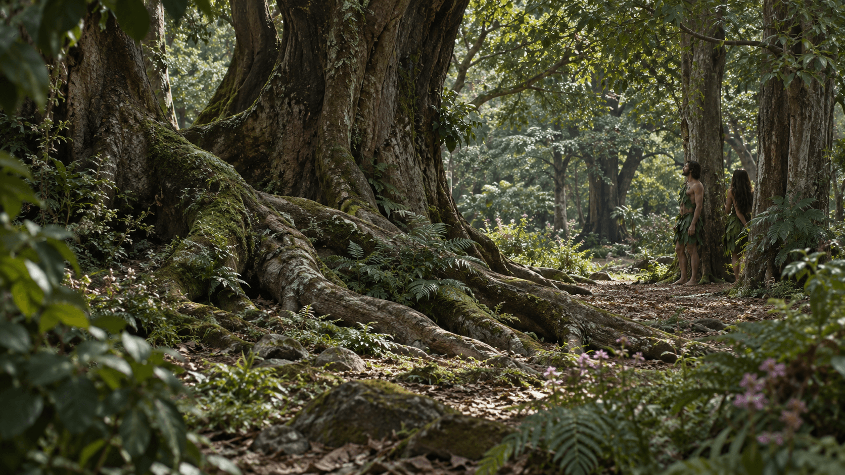 A man and woman in leaf garments stand among distant garden trees, framed by large roots in the foreground.