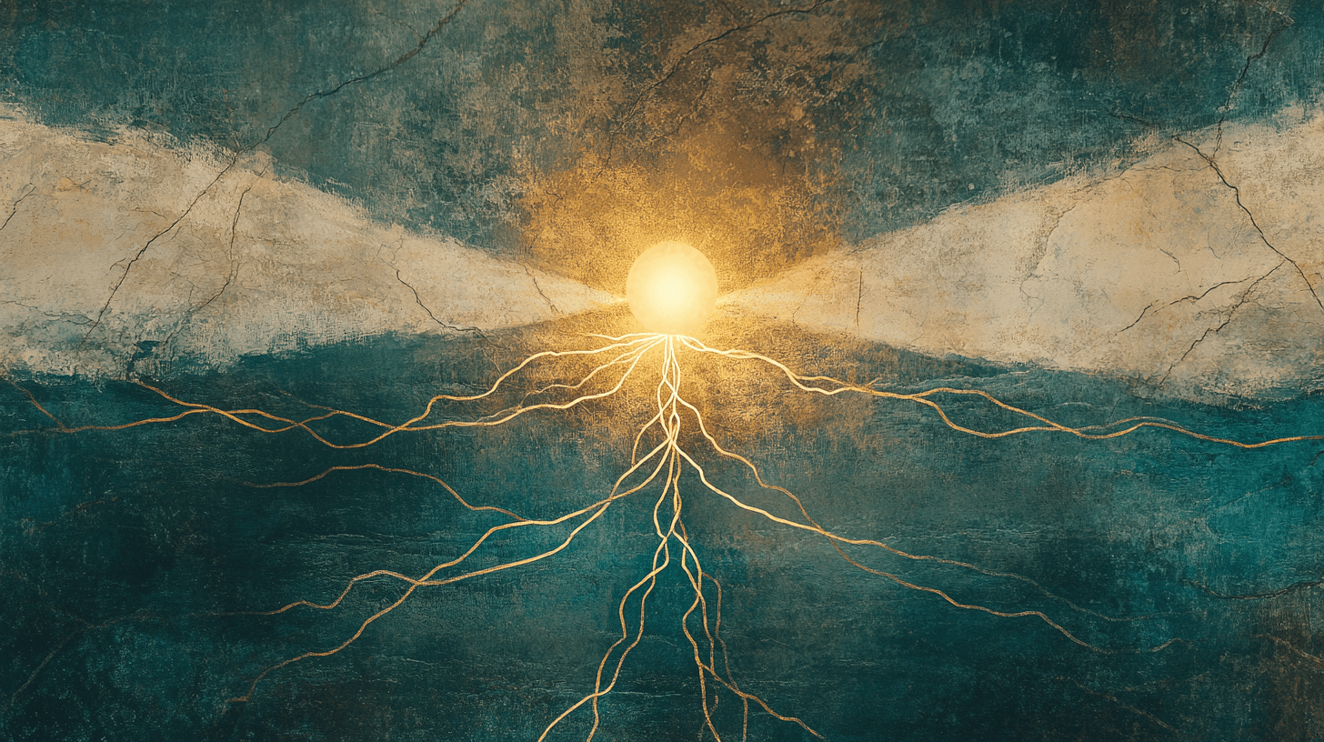 A central illuminated line branching into several pathways across textured paper.
