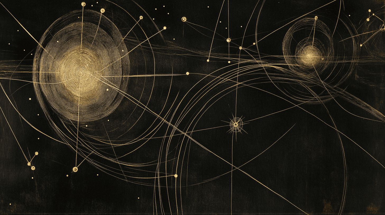 A dark constellation-like framework map with connected gold nodes and orbital lines.