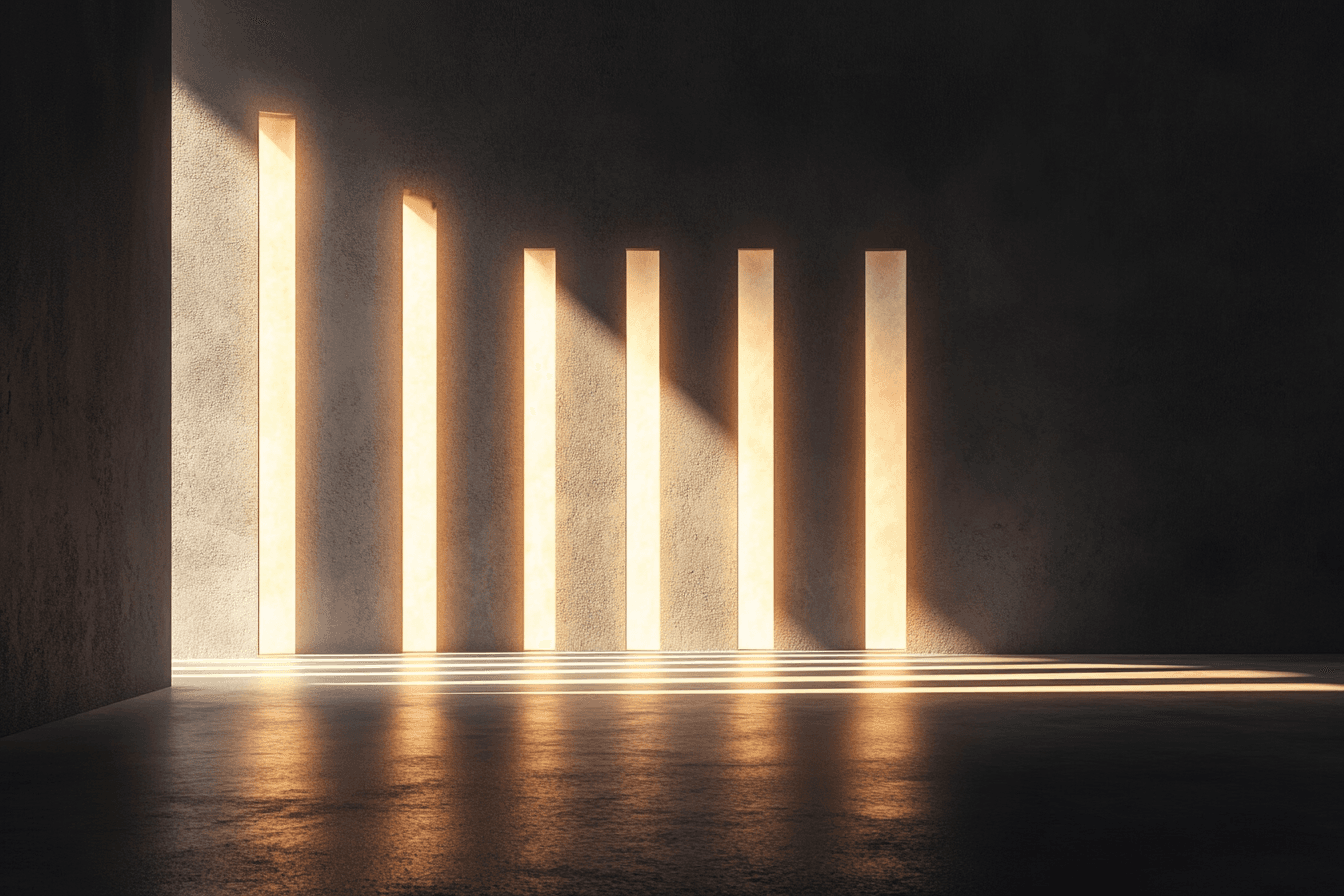 Illuminated thresholds receding across a dark architectural room.