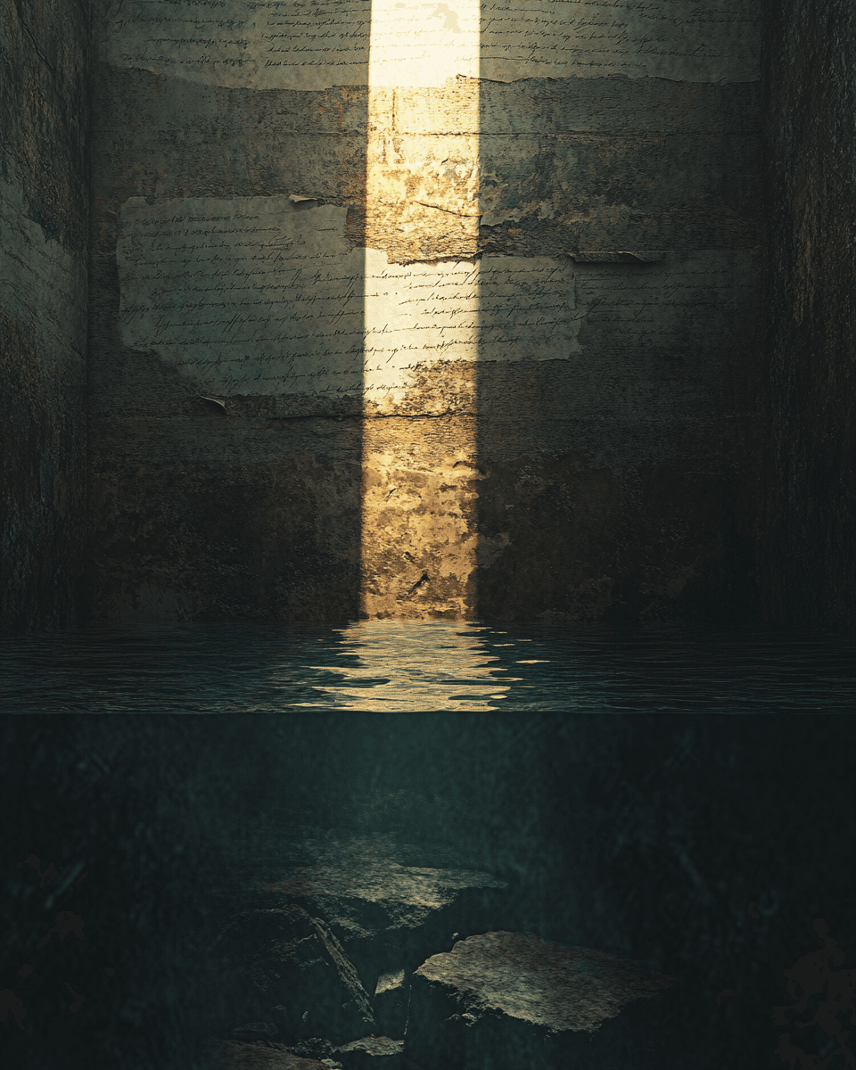 A narrow beam of light reaching water and submerged fragments below a threshold.