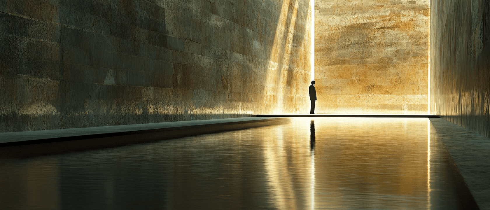 A lone figure standing near a reflective pool at a bright architectural threshold.