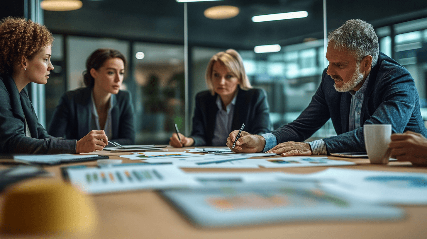 Business leaders reviewing printed reports and charts during a serious decision meeting.