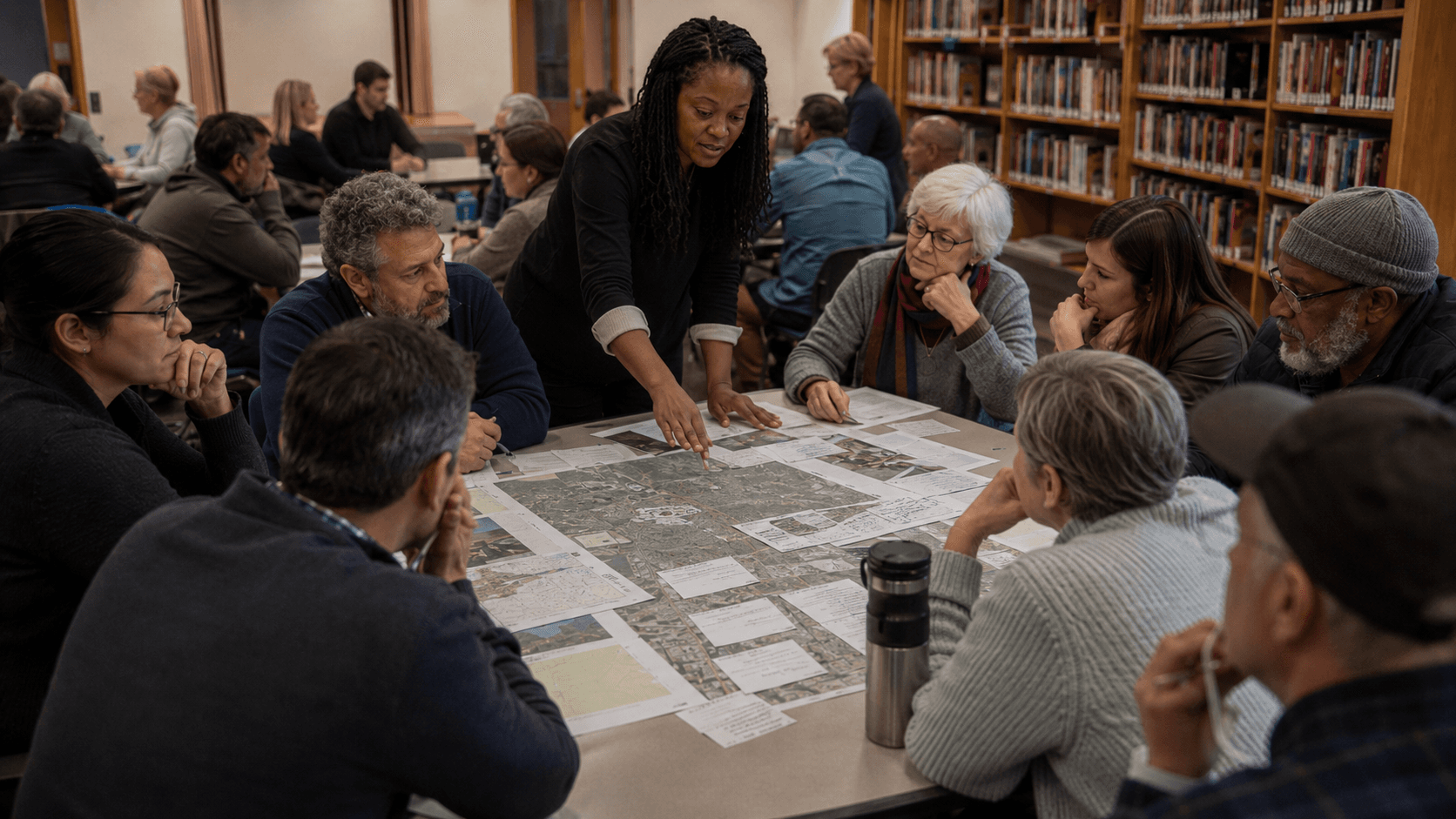 Community members gathered in a public meeting around a map covered with notes.