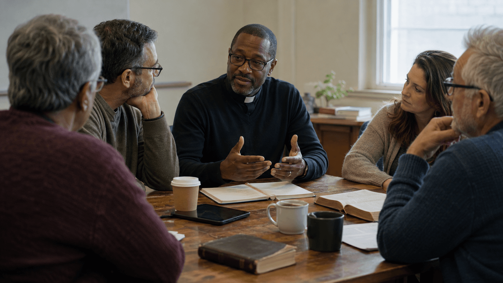 A small group seated around open books and notebooks in a contemplative discussion.