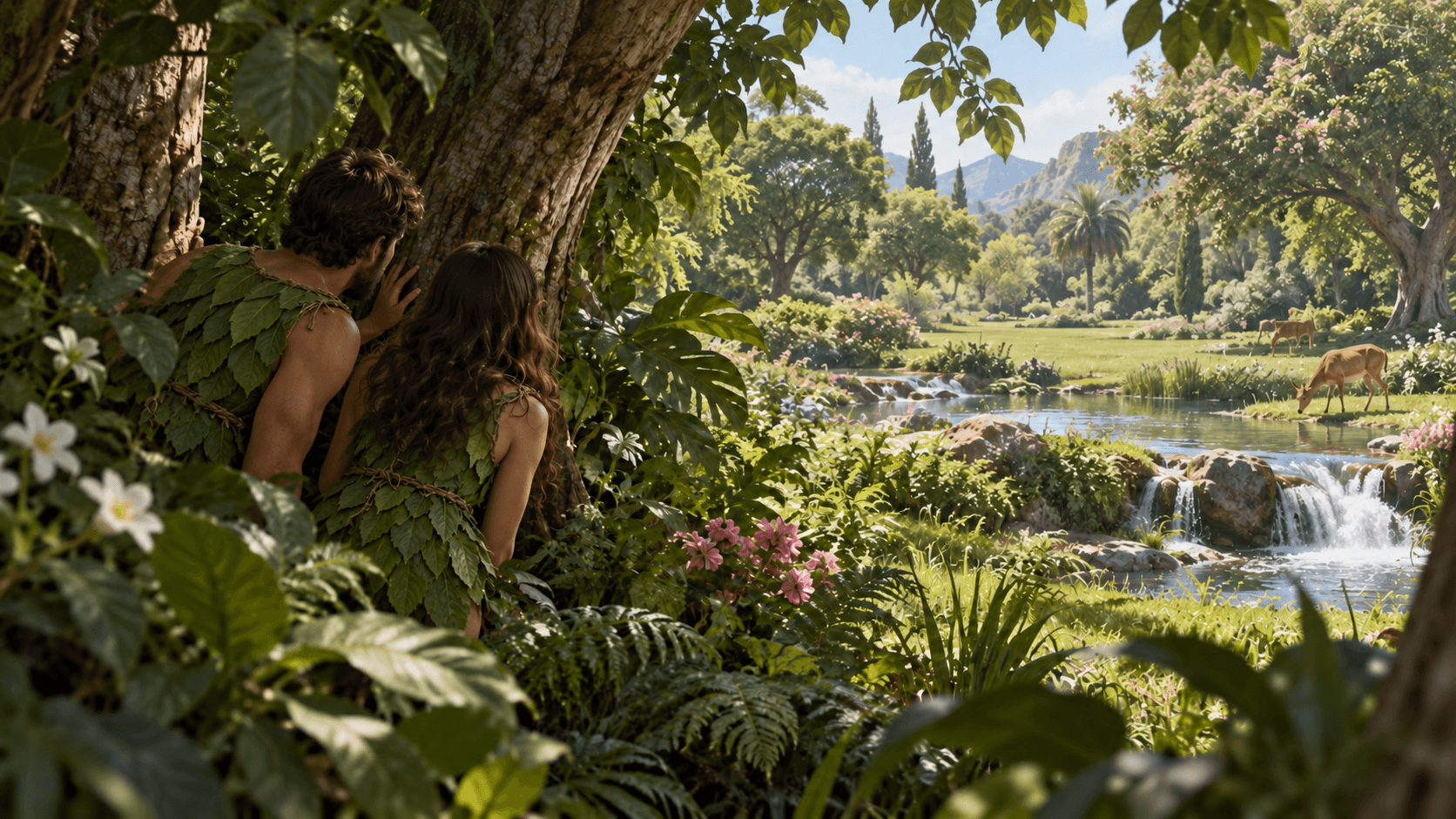A man and woman wearing leaf garments hide among the trees of a lush garden.