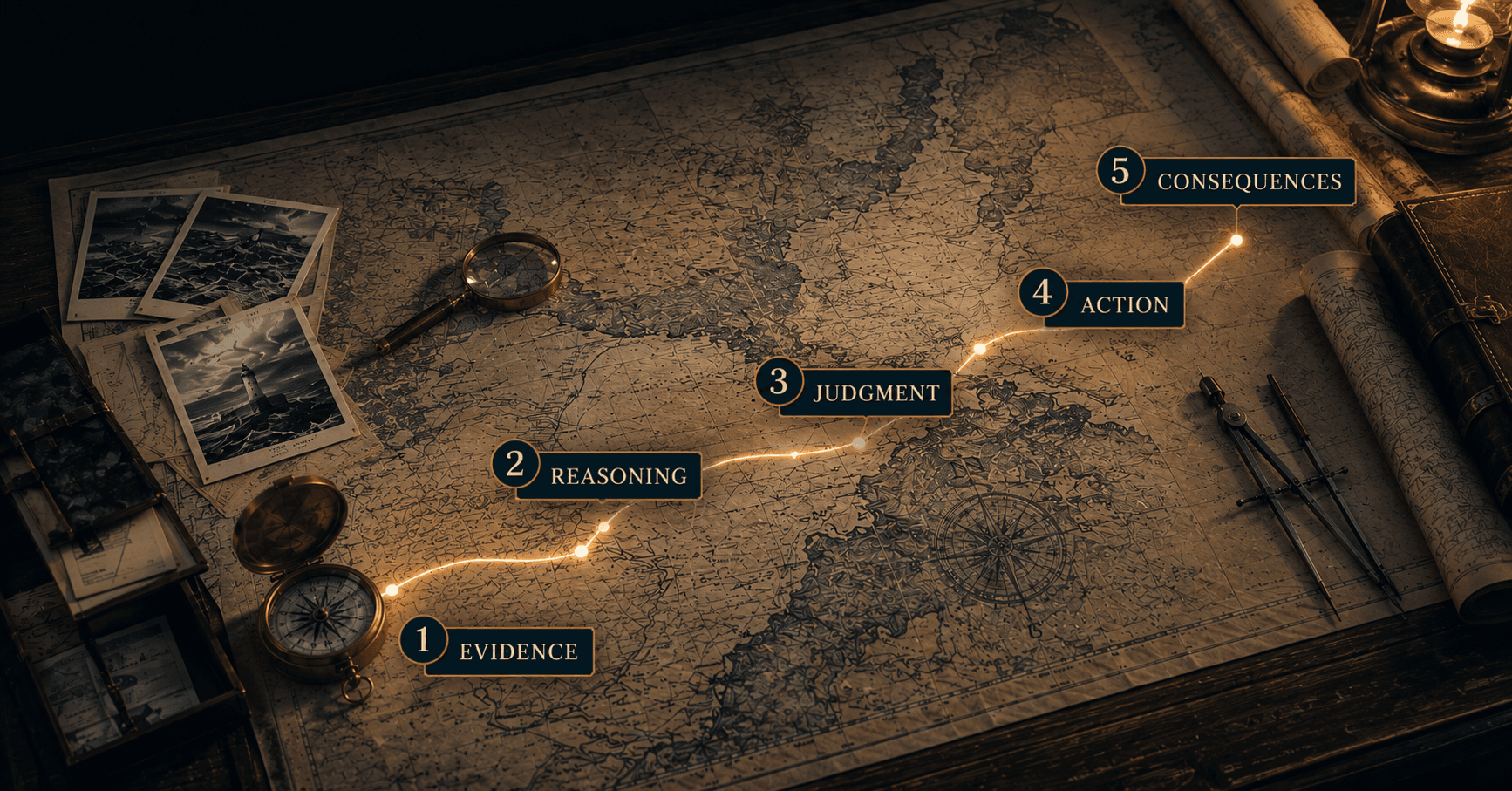 A navigation chart showing the WhyDive path from evidence through reasoning and judgment to action and consequences.