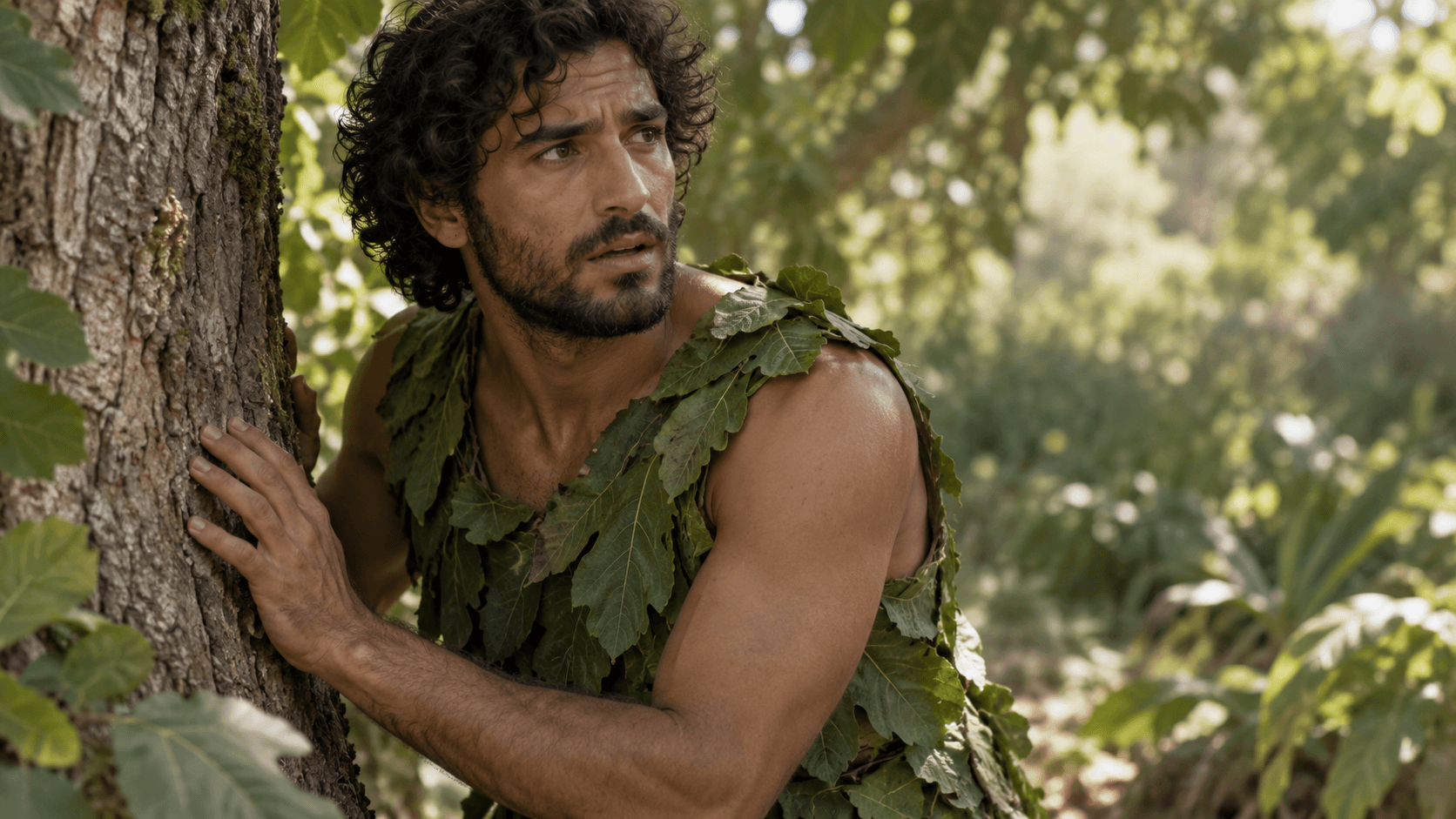 Adam in a garment of green leaves stands close to a tree, looking outward with an apprehensive expression.