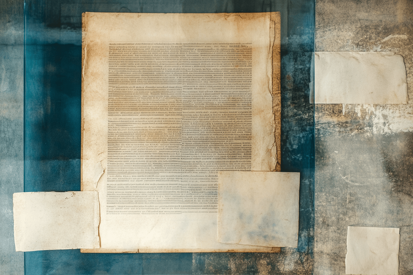A formal archival document beneath glass with surrounding evidence fragments.